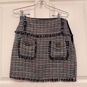 Zara Black Multi Tweed Fringe Pocket Mini Skirt